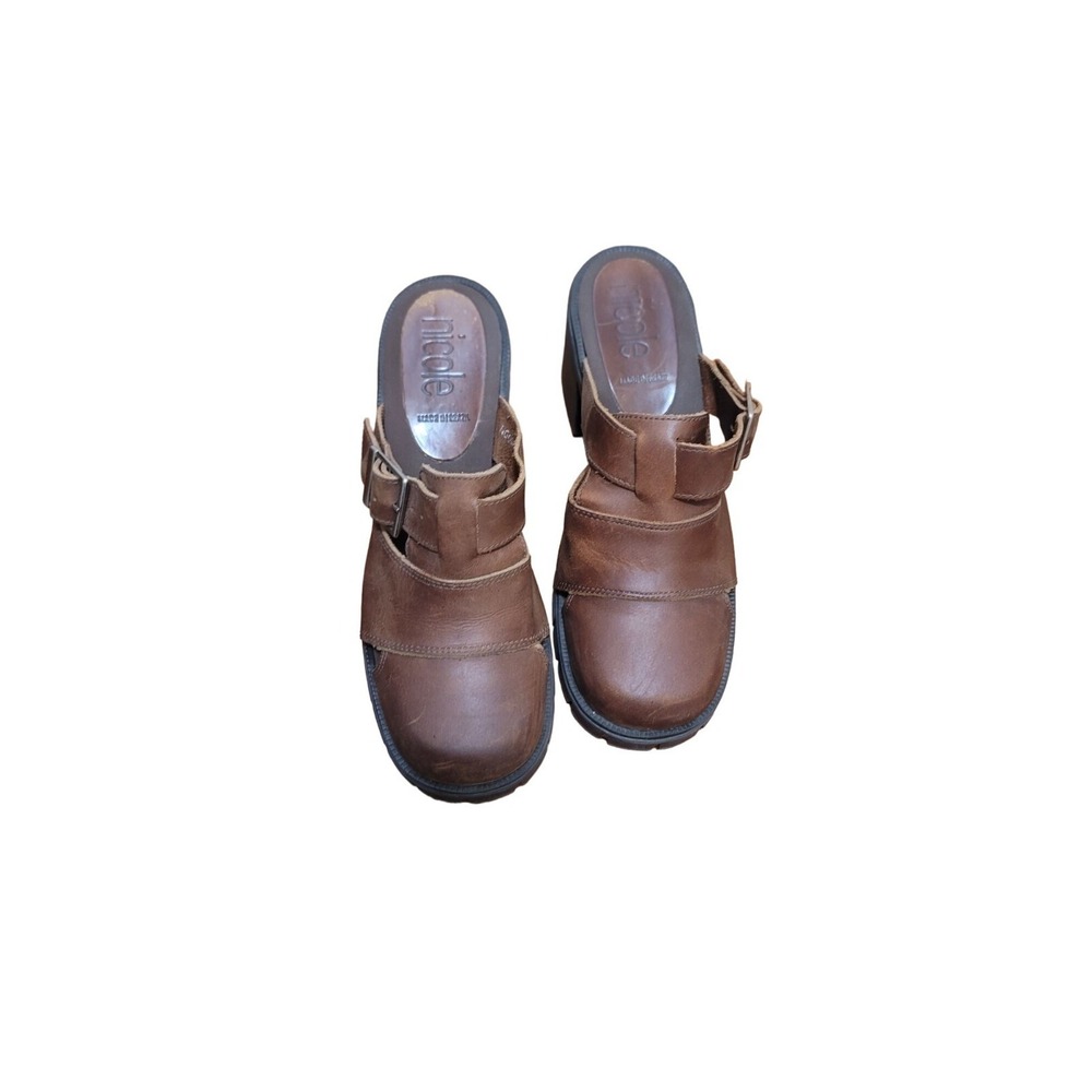 Nicole Honeymoon Leather Clogs Womens 6M Brown Block Heel Buckle Mule Sandals